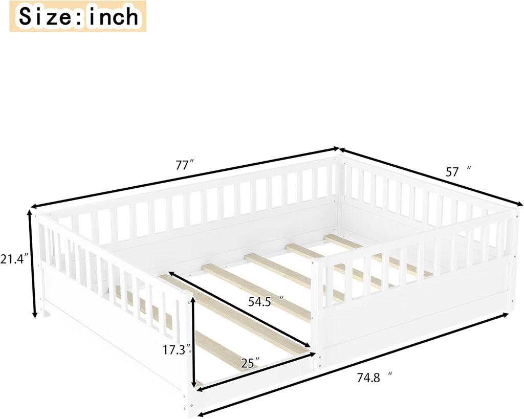 Full Size Montessori Floor Bed with High Rails
