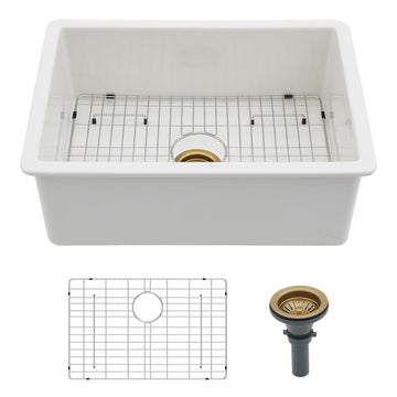 27 Inch White Undermount Sink 27x19 Fireclay Ceramic Farm Kitchen Sink with Gold Drainer