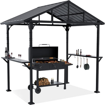 8'x 5' Hardtop Grill Gazebo, Outdoor BBQ Gazebo Metal Roof Canopy with 2 Metal Side Shelves & 5 Tool Hooks for