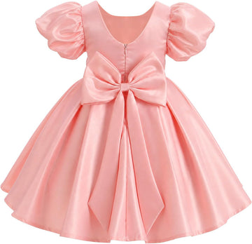 Toddler Flower Girl Dress V-Back Bow Satin Birthday Pageant Dresses