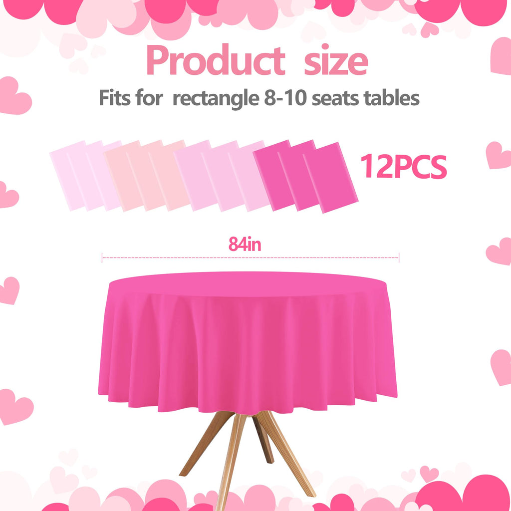 12 Pcs Round Red Pink Plastic Tablecloths, 84 Inch