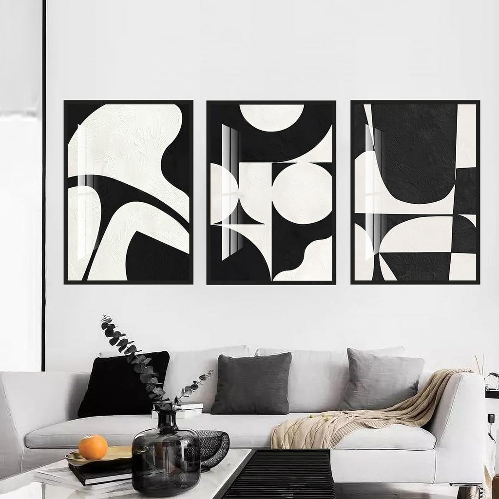 Black White Crystal Textured Abstract Framed Canvas Wall Art Set