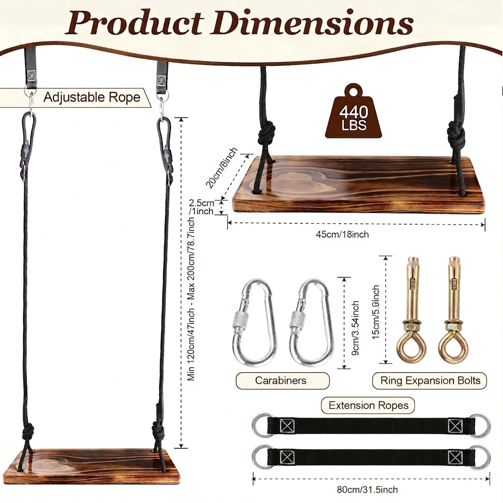 Carbonized Wooden Tree Swing, 18"x 8" Wooden Swing Seat, Heavy Duty 440 lb Load Capacity, Hanging Wood Swing with