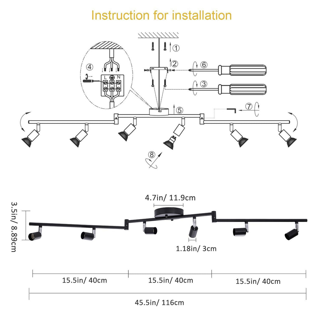 Adjustable Dimmable Track Lighting Kit, Flexible Foldable Arms, Matt Black Color Perfect,Hallyway Bed Room