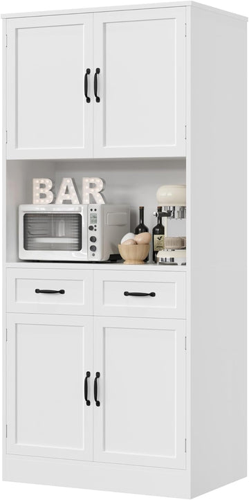 71" Tall Kitchen Pantry Storage Cabinet, Wood Kitchen Hutch, White | Modern Pantry Cabinet with Microwave Stand