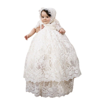 Long Ivory Christening Gown for Baby Girls Lace Baptism Dress with Bonnet