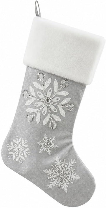 18" Silver Snowflake Christmas Stocking, Elegant Sequin Embroidery with Faux Fur Trim, Sophisticated Holiday Mantel