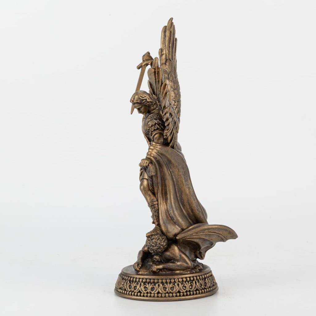8" H Saint Michael Statue Painted in Black Bronze Finish, Resin San Miguel Figurine with Name Plate, Great Protector