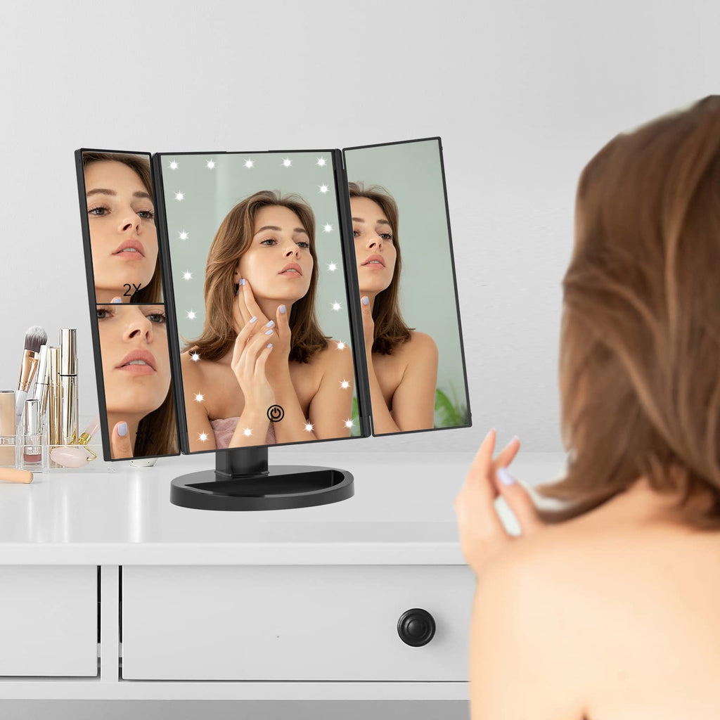 Lighted Makeup Mirror, 1-3X Magnifying Trifold LED Vanity Mirror