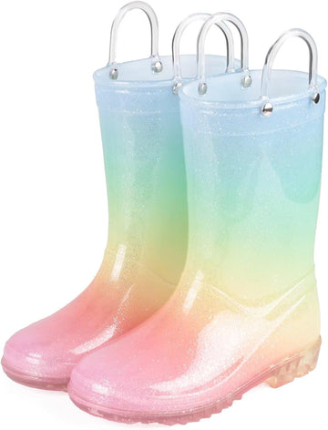Kids Glitter Rain Boots Girls Waterproof Rain Shoes with Easy-on Handles
