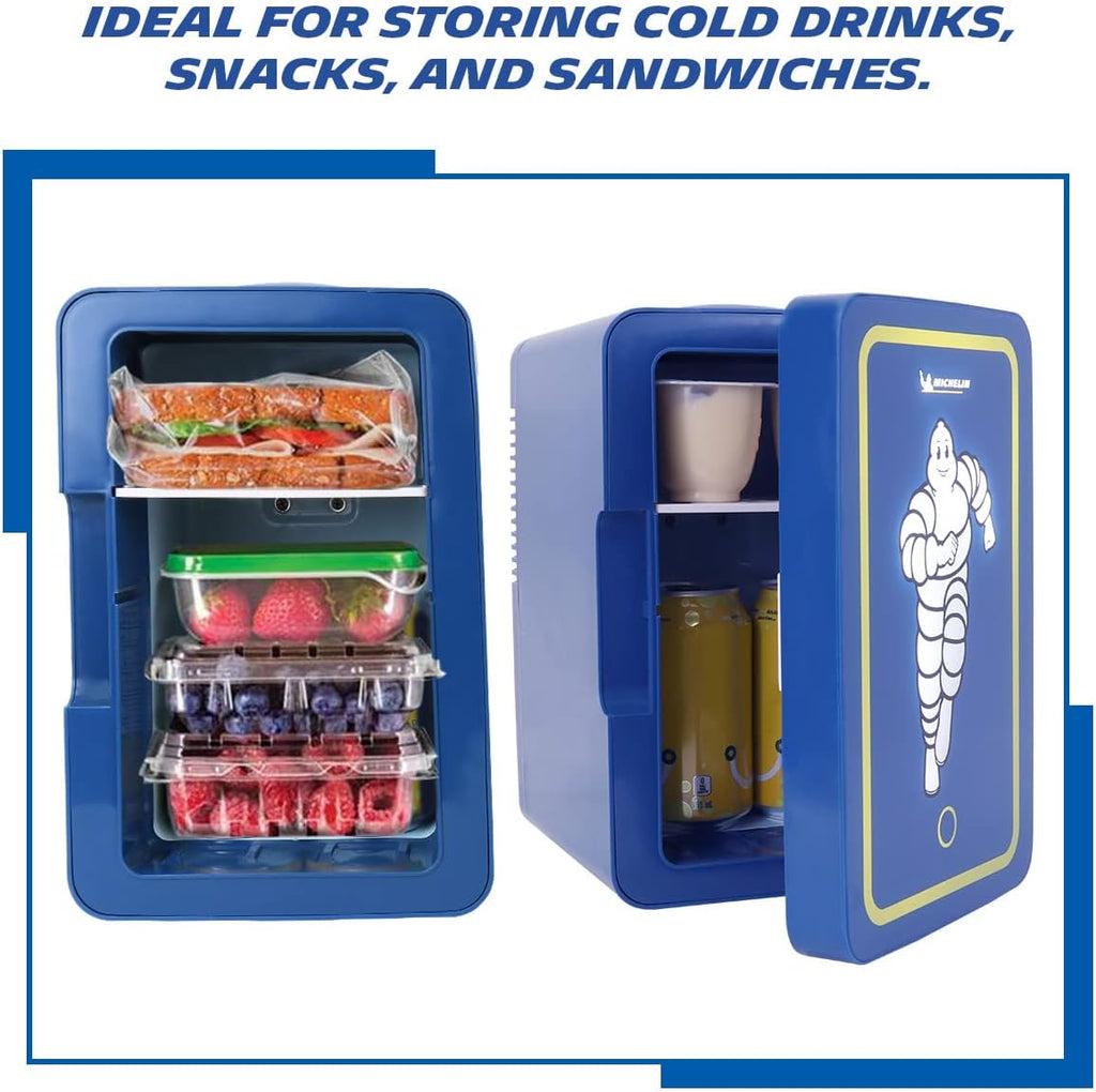 Michelin Portable 6 Can Mini Fridge, LED Lighted Door, 6L (6.3 qt) Capacity, Blue, Travel Cooler with 12V DC and AC