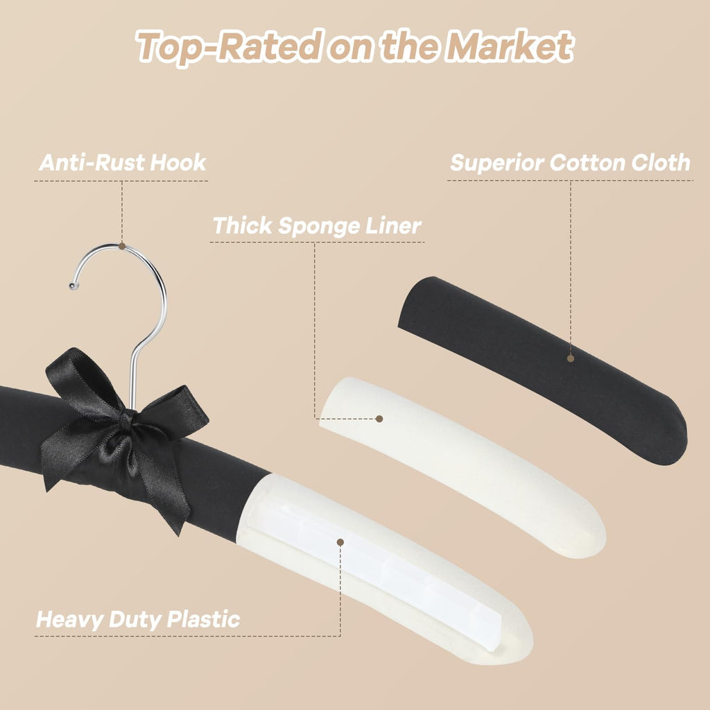 Black Padded Clothing Hangers Pack of 10, No Bump Fabric Coat Hanger