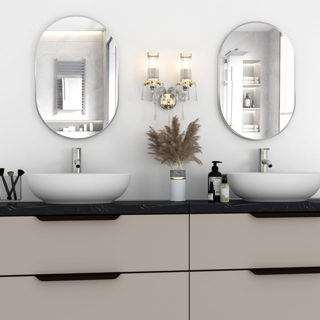 Oval Bathroom Capsule Wall Vanity, 24"x36" Pill Mirrors Wall Mounted, Large Modern with Silver Metal Frame, Decor
