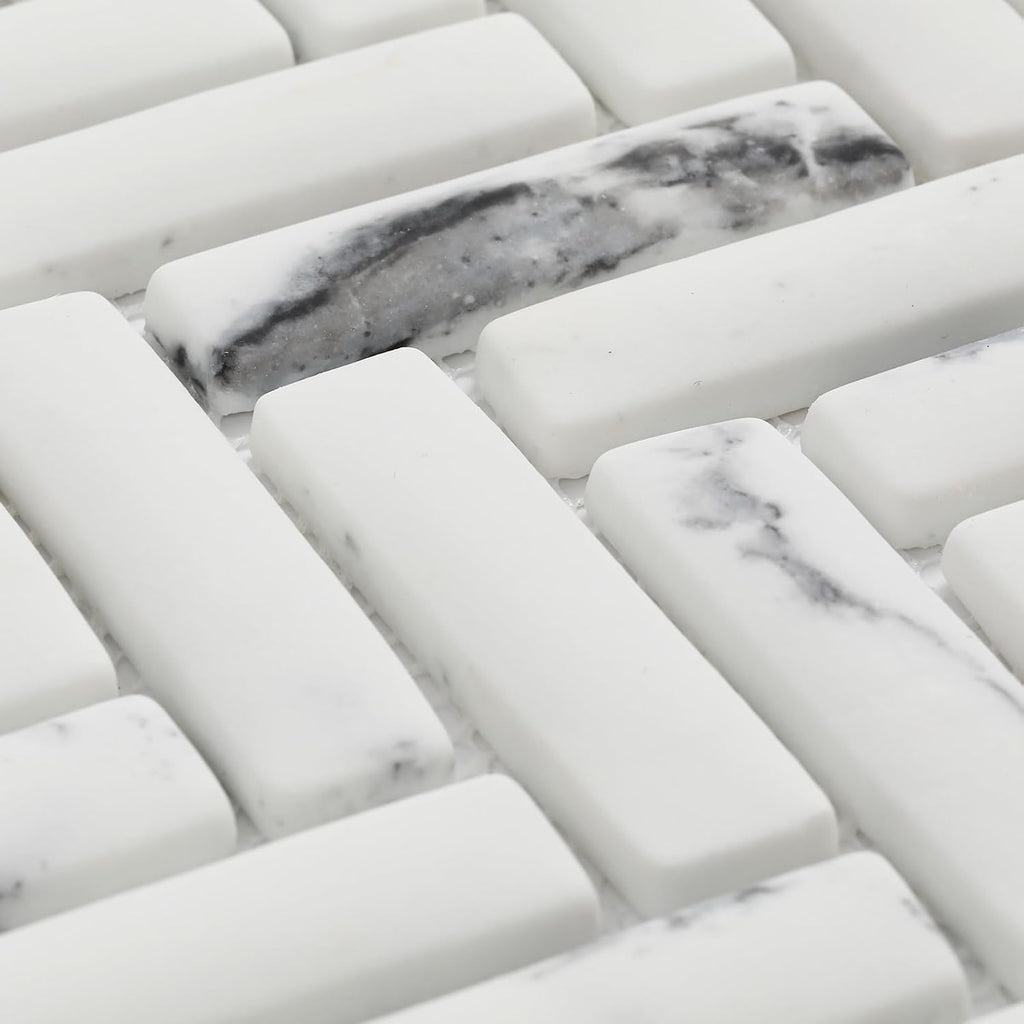 Carrara White Marble Look 3D Herringbone Recycled Glass Matte Mosaic Tile Shower Kitchen Backsplash, Floor 5 Sheet