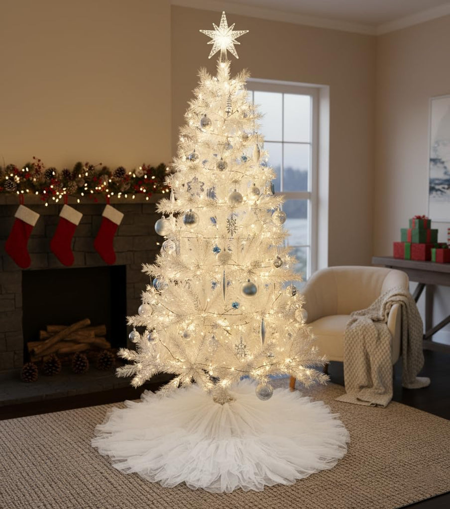 60 Inch Fluffy Tulle Christmas Tree Skirt Vintage and Elegant Design Perfect Decorations White