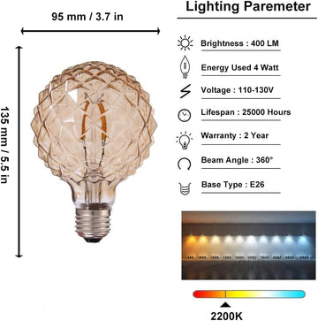 Vintage LED Edison Bulb G30 4W Dimmable LED Filament Bulb Globe Pineapple Shaped Light Bulb 2300K Warm White E26