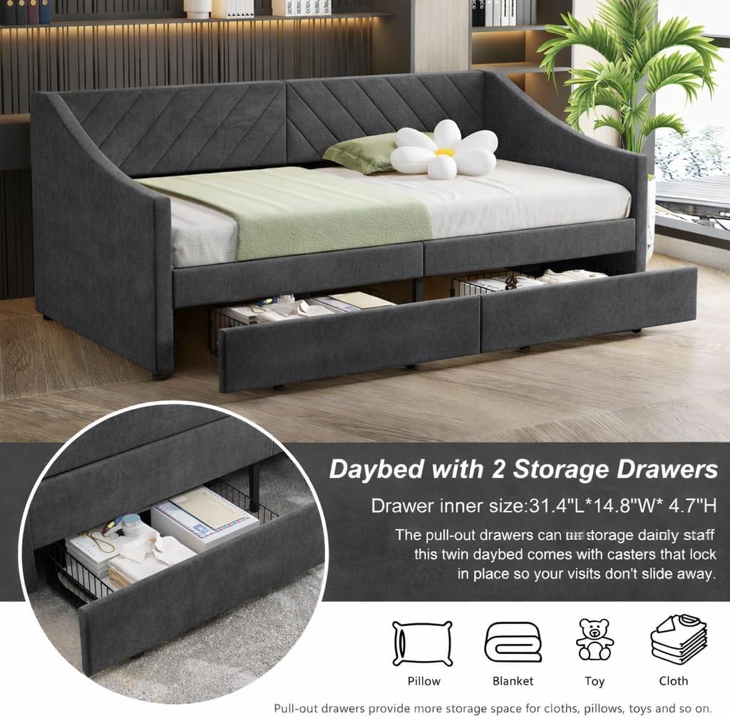 Upholstered Twin Size Daybed with Two Storage Drawers, Twin Leatherair Sofa Bed Daybed with Wood Slat Support,No Box