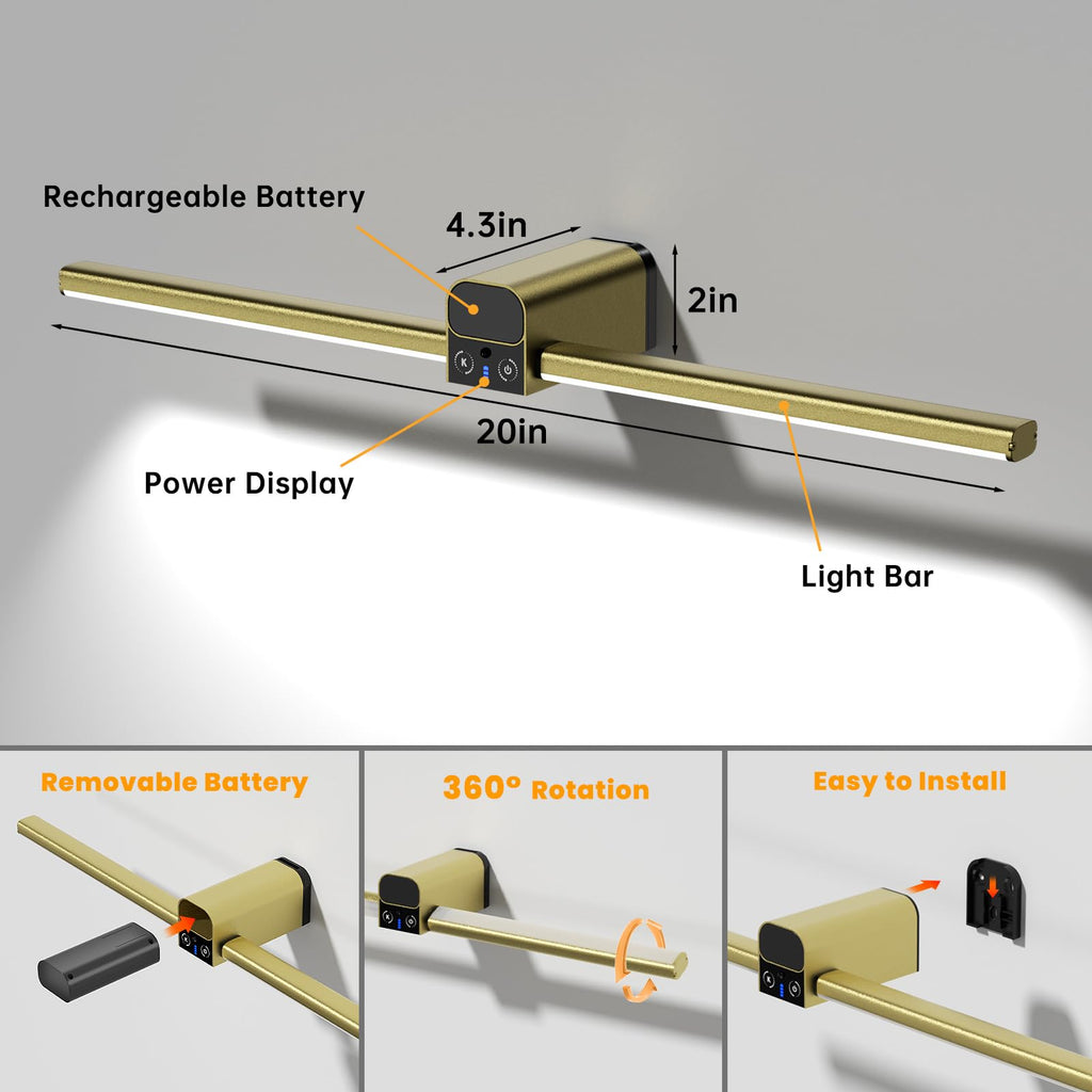 20 Inch Picture Light for Wall, 10000mAh Rechargeable Battery Operated Cordless LED Art Display Light with Remote &