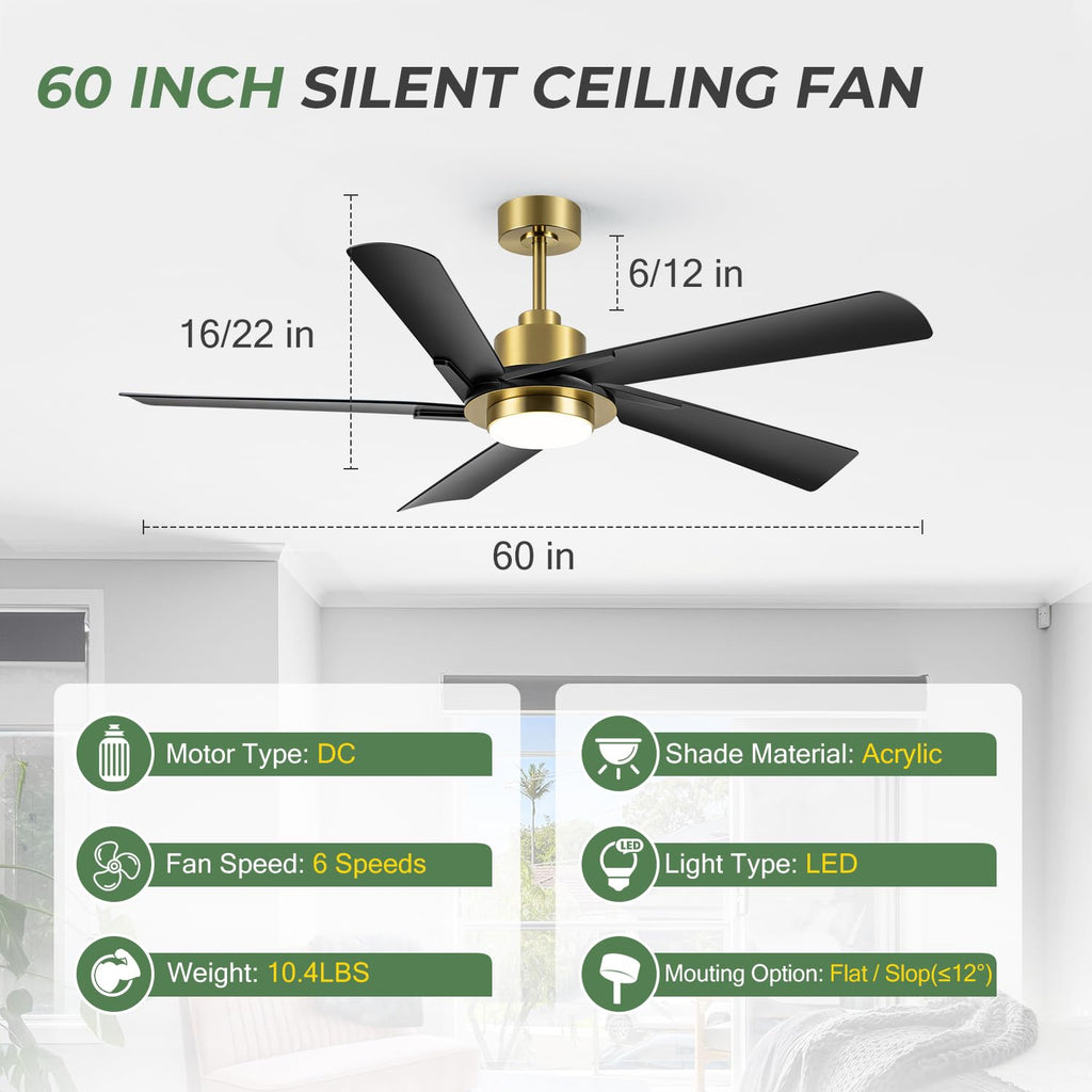 60 Inch Ceiling Fan with LED Light & Remote, Industrial Ceiling Fan with Reversible DC Motor Modern Fan, Reversible 5