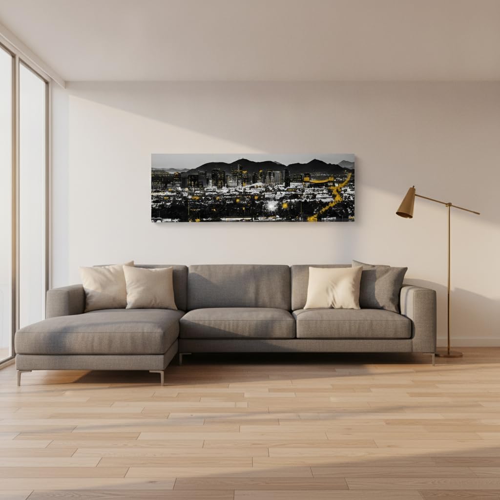 Los Angeles Skyline Canvas Wall Art, Large Black and White Cityscape Panorama Print, Modern Nightscape Painting