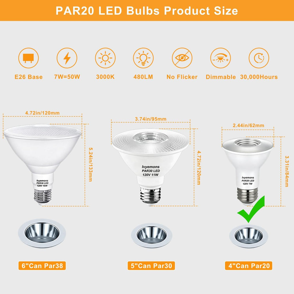 PAR20 LED Bulbs Dimmable 7W 3000K 480LM 6 Pack