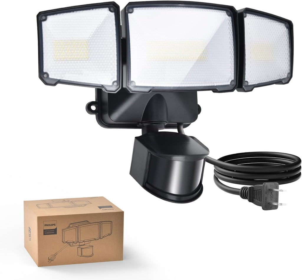 36W Motion Sensor Security Lights Outdoor, 3800 LM LED Dusk to Dawn Plug in Flood Light, 3 Adjustable Heads, 5000K