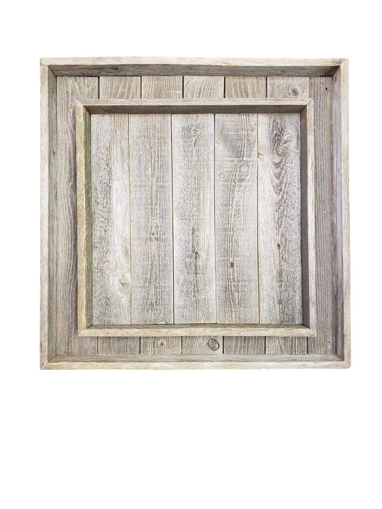Farmhouse Rustic Weathered Reclaimed Wood 18 x 18 Inch Square Ottoman Tray for Coffee Table or Kitchen Counter Decor
