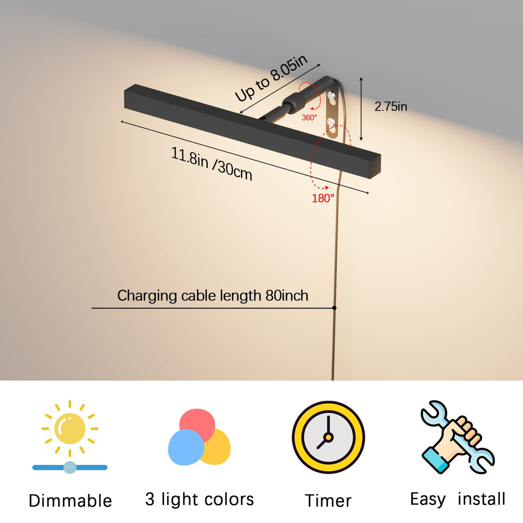 12" LED Picture Light Plug in, 4W Black Art Light