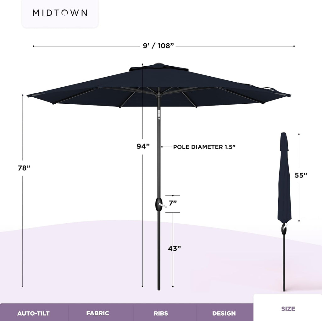 The Lean 9 Ft Patio Umbrella with 10-Year-No-Fade Acrylast Acrylic Fabric, Auto-Tilt and 8 Reinforced Ribs Pool