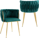 Woven Velvet Dining Chairs Set of 2, Upholstered Velvet Dining Chairs with Gold Metal Legs, Modern Style, Green