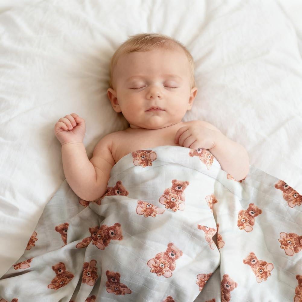 Muslin Swaddle Blankets Bear 100% Cotton Breathable Receiving Blankets Soft and Large 47 x 47 Inches Newborn