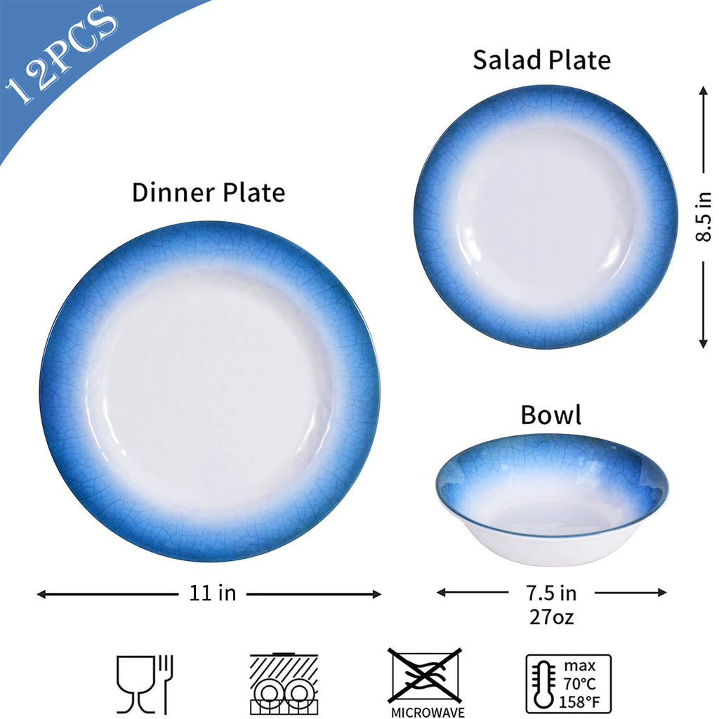 12pcs Melamine Dinnerware Set, Blue Crackle Plates and Bowls Set