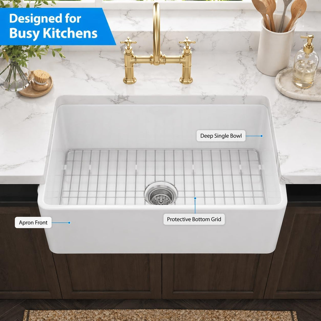36 x 18 Inch Farmhouse Kitchen Sink, White Fireclay Apron Front Single Bowl Sink, Large Deep Kitchen Sink with 304