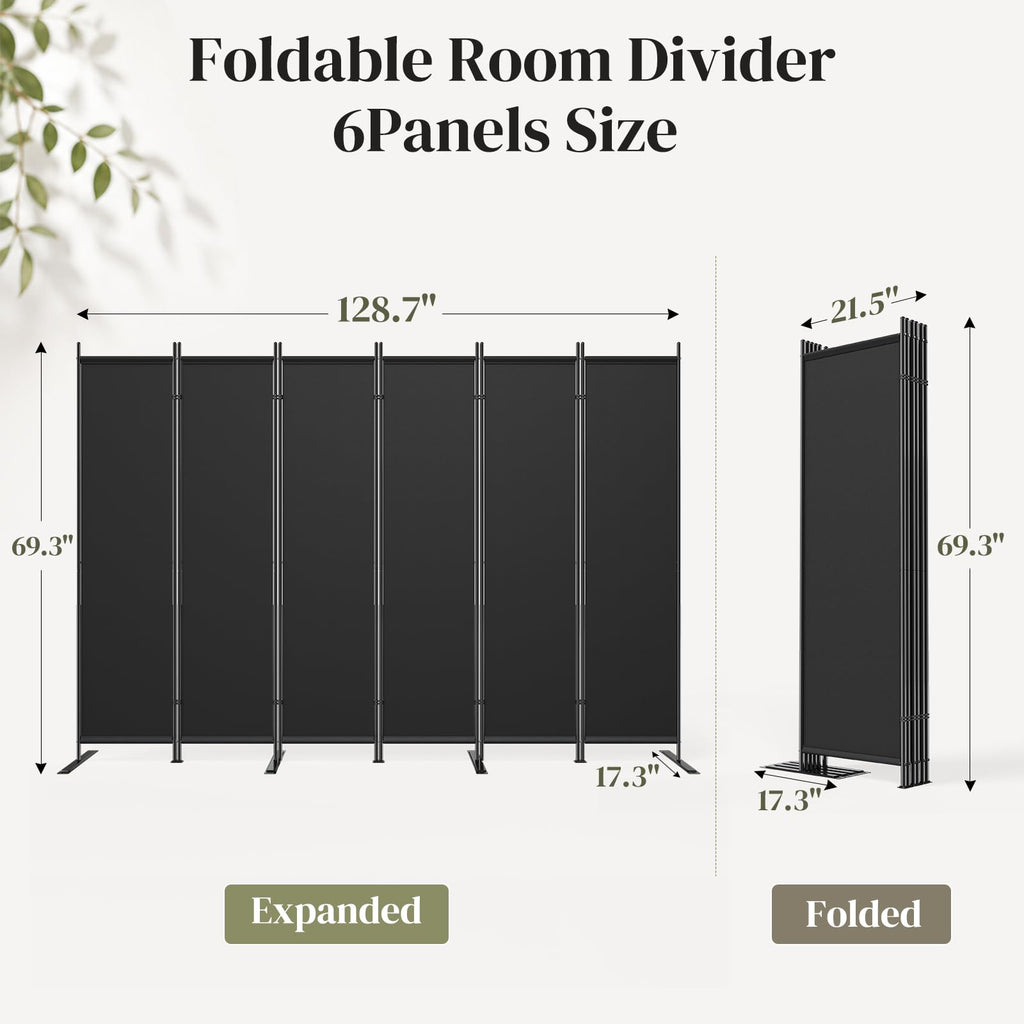 6 Panel Room Divider 6FT Tall Folding Privacy Screen, Black