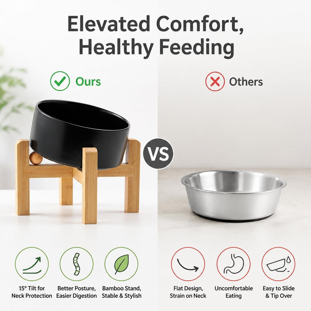 Elevated Ceramic Dog Bowl/Raised Ceramic Dog Bowls with Bamboo Stand, 15°Slanted Raised Pet Feeder for Small Medium