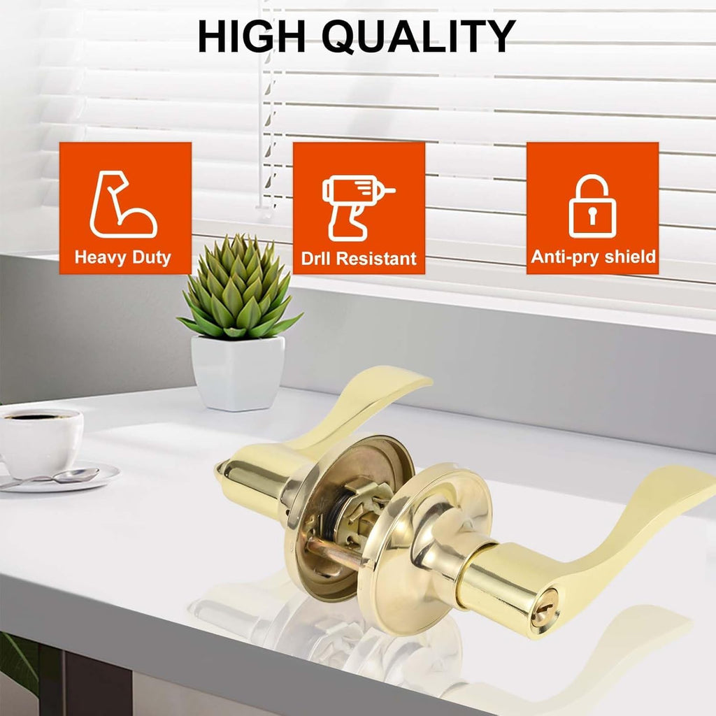 2 Pack Door Lever with Lock and Key, Gold Door Handle
