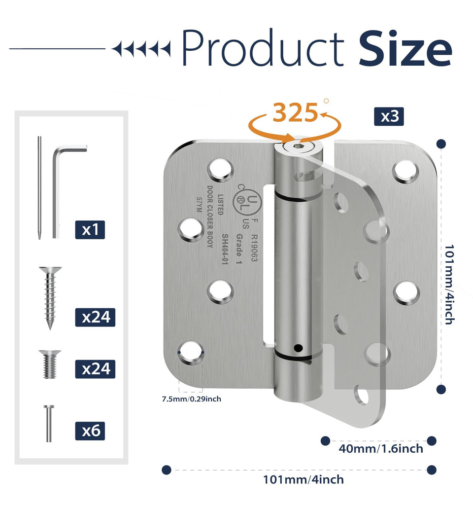 3-Pack 4 Inch Self Closing Door Hinges, 5/8" Radius Corners, Brushed Nickel