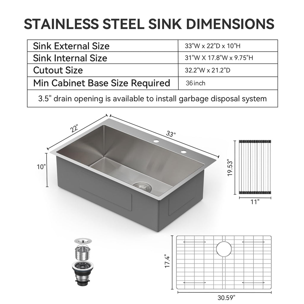 33 Inch Drop Sink 33"x22"x10" Handmade Topmount