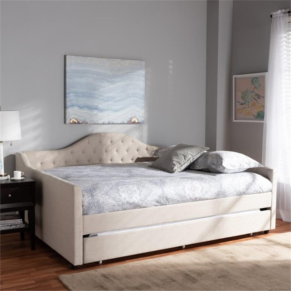 Eliza Tufted Queen Daybed with Trundle in Light Beige