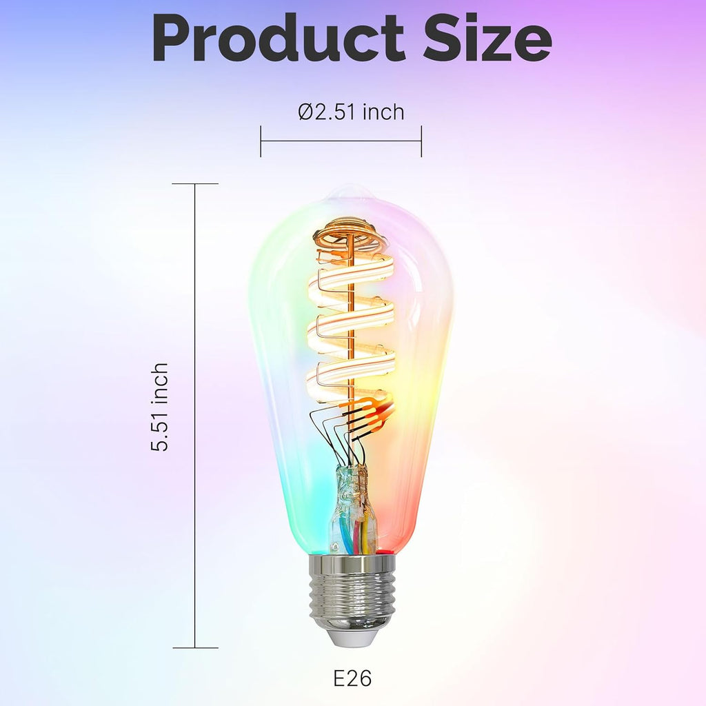 Smart WiFi Edison Light Bulb, ST64 LED Color Changing Dimmable, 2 Pack