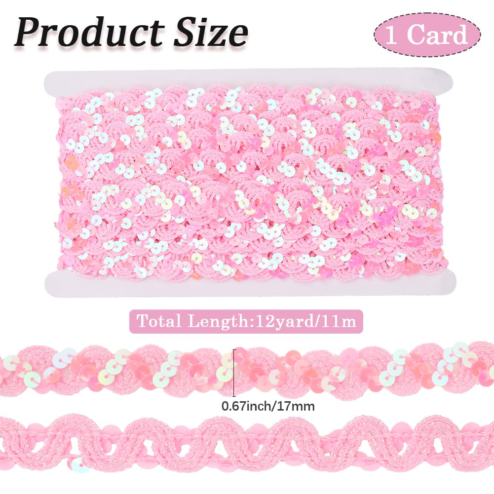 Pink Sequin Trim Flat Sequins Beaded Strip Rick Rack Wave Woven Braid Trimming Metallic Glitter RIC Rac - 12 Yards