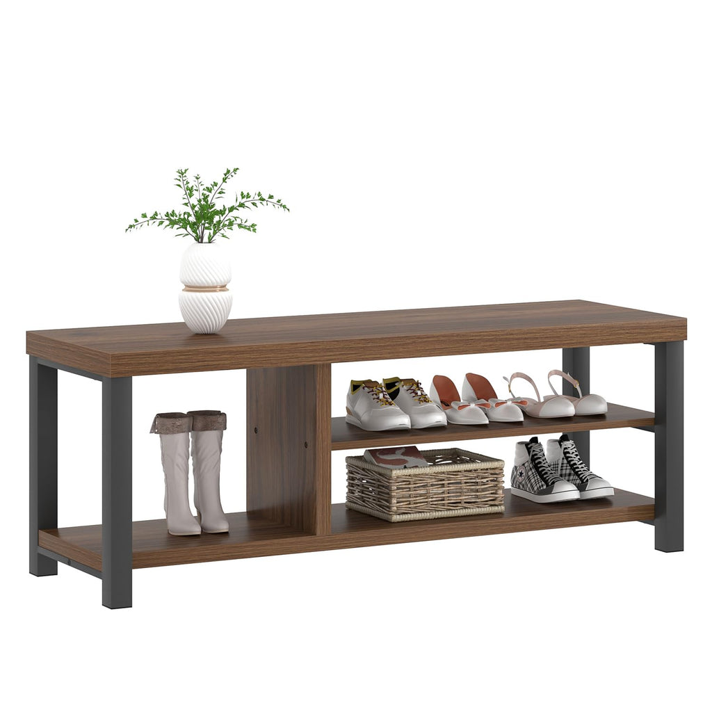 Entryway Bench, Modern Wood Shoe Bench Hallway, Industrial Indoor Shoe Storage Bench Seat, Rustic Walnut, 47 Inch