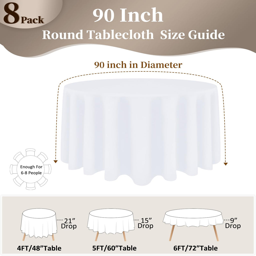 8 Pack White Round Tablecloth, 90 Inch for 36"-72" Table
