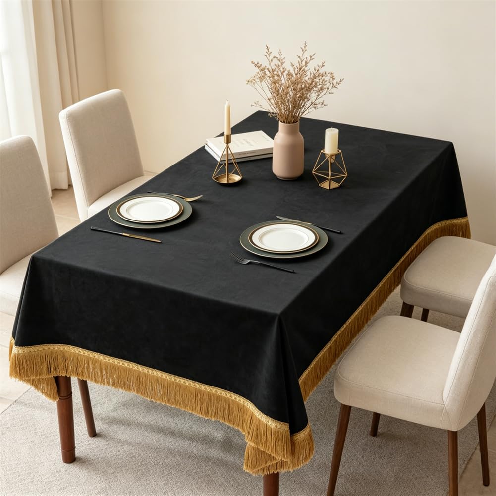 Black Velvet Tablecloth, Vintage Rectangular Table Cover, Luxurious Plush Velvet with Elegant Gold Tassel Trim