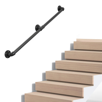 Industrial Pipe Stair Handrail, Wall-Mounted Metal Hand Rail for Indoor & Outdoor Steps, Black Galvanized Iron