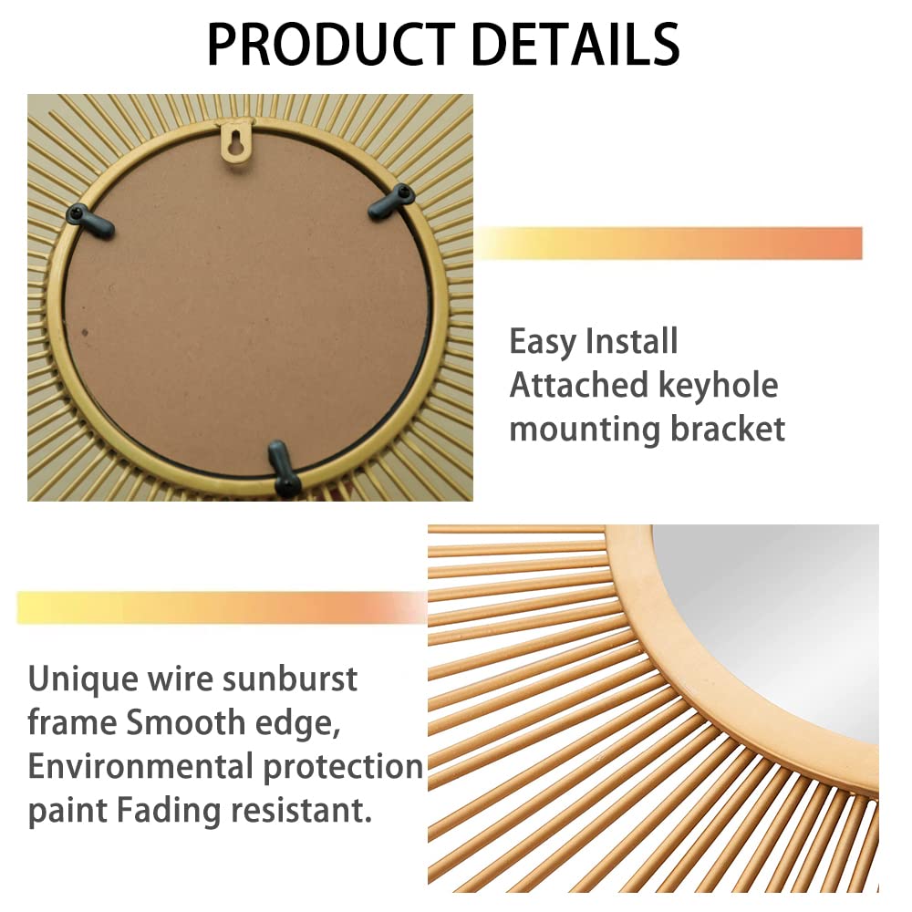 24'' Gold Sunburst Wall Mirror Boho Home Decor Mordern Round Hanging Wall Art /Bedroom/Bathroom/Entryway