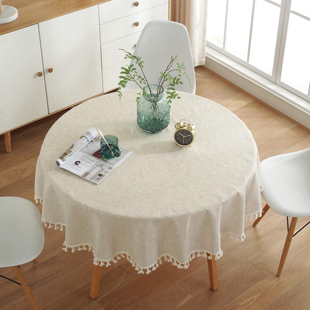 Cotton Linen Fabric Tassel Round Tablecloth Dust-Proof Table Cover Dinning Tabletop Home Decoration (60 Inch, Linen)