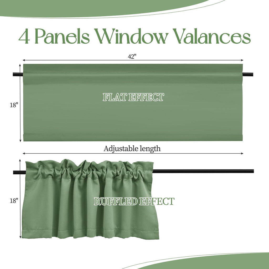 4 Panels Bronze Green Blackout Curtain Valances, 42" x 18"