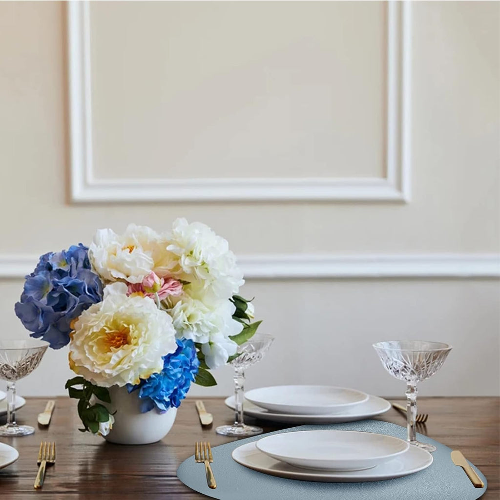 Blue Table Mats for Round Table,Blue Placemats Outdoor, Indoor Place Mats Leather Wipeable Washable - Set of 4