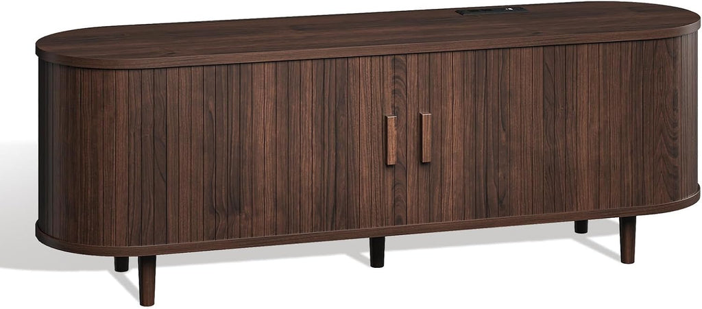58" Mid Century Modern TV Stand, TV Consoles with Sliding Doors, Wood Entertainment Center with Power Outlet and